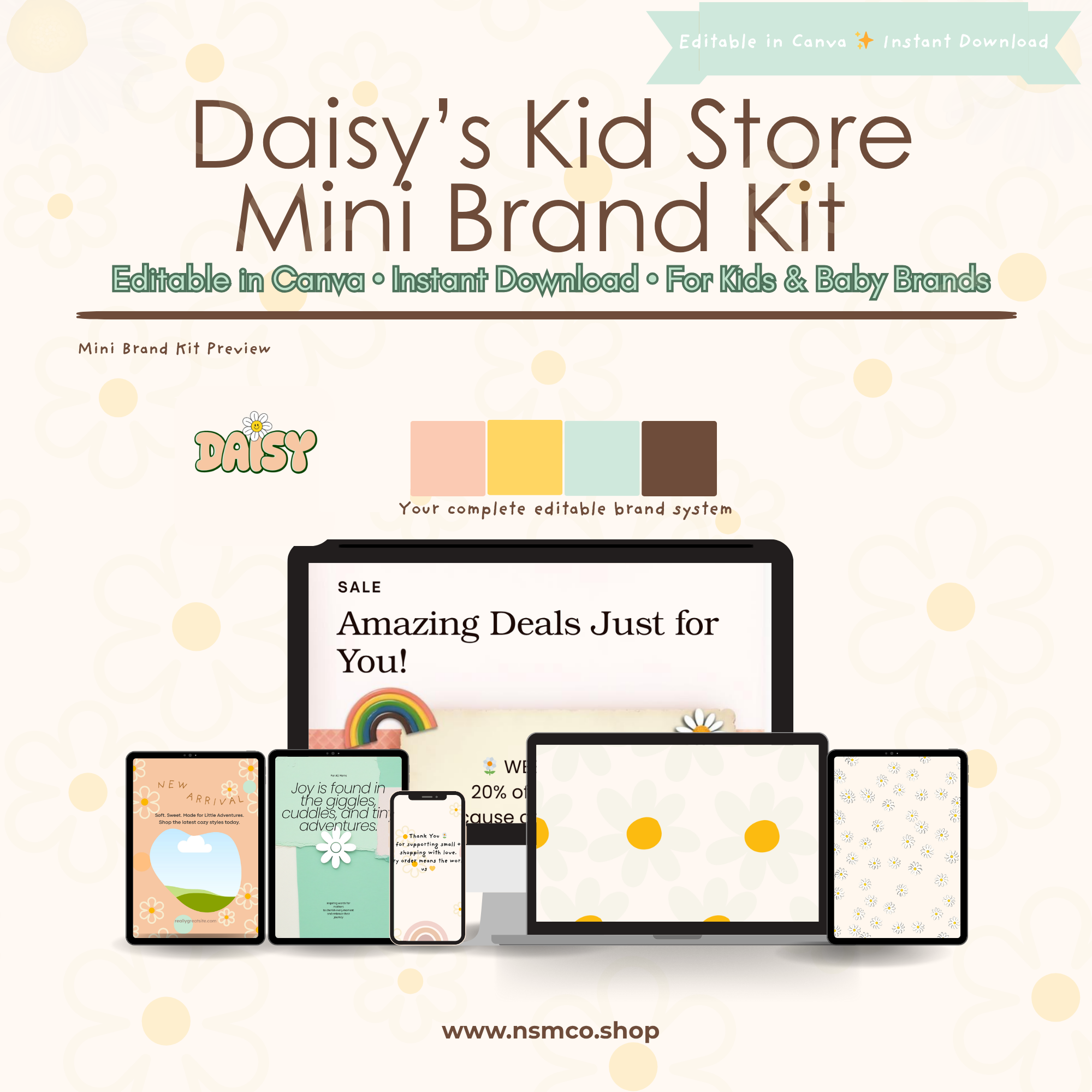 Daisy’s Kid Store Mini Brand Kit – Editable Canva Template for Kids Boutique, Baby Brand, or Small Shop